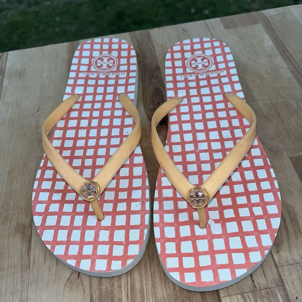 Tory Burch Women's Flip Flop Sandals Logo Geometric Orange White US 9